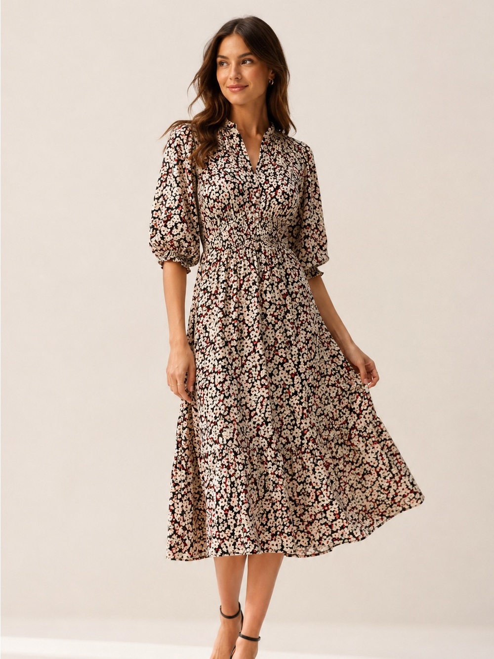 Zara Cream Floral Smocked Midi Dress with Black and Red Accents